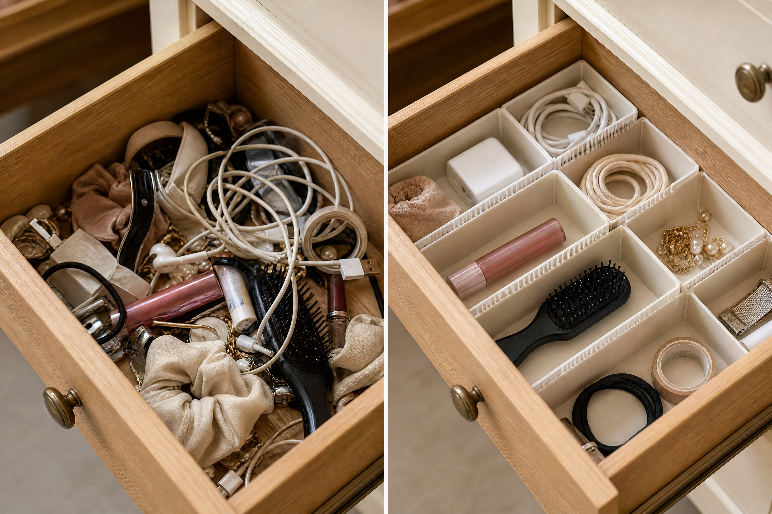 A single drawer shown tangled before and neatly divided after
