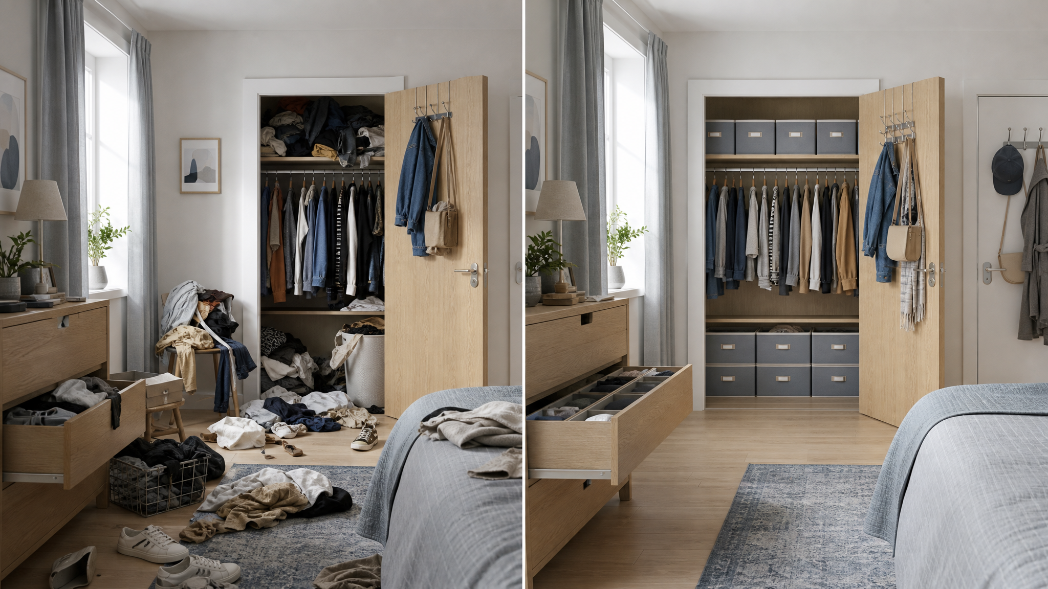 One room shown cluttered on the left and neatly fitted out with ready-made organizers on the right